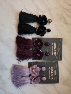 NWT BaubleBar Lavender and Gold Floral Tassel Earrings Trio